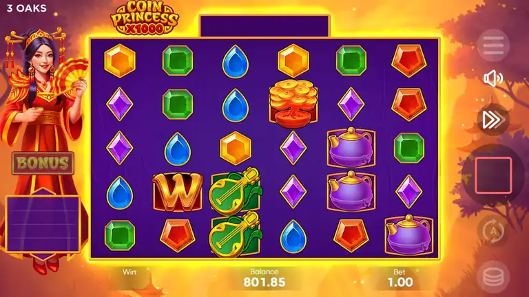 Coin Princess x1000 gameplay at spin 441 showing the 6x5 grid with Wild symbol visible, balance 801.85