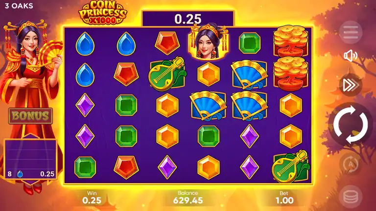 Coin Princess x1000 gameplay at spin 880 showing a small 0.25 win from 8 Blue Drop symbols, balance 629.45