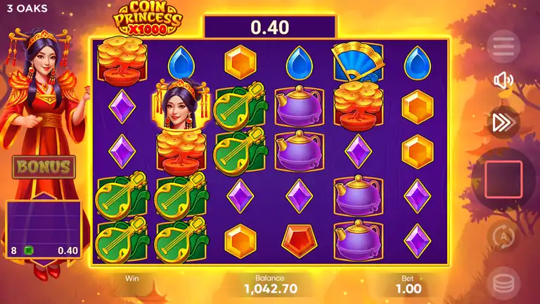 Coin Princess x1000 demo preview - base-game cascade on the 6x5 grid