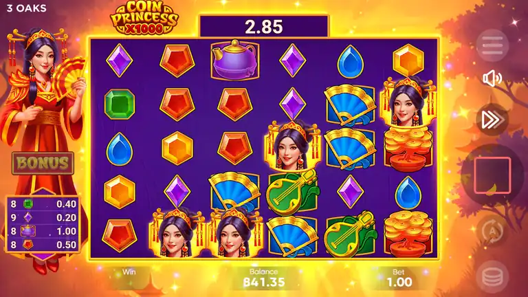 Coin Princess x1000 Free Spins trigger with four Princess Scatter symbols landed on the 6x5 grid, balance 841.35