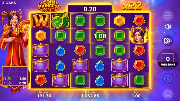 Coin Princess x1000 best bonus Free Spins result - x22 accumulated multiplier, Total win 191.30, balance 1,032.65