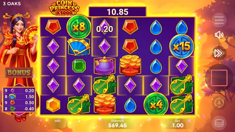 Coin Princess x1000 base-game cascade with x8 x15 and x4 multiplier coins visible on the 6x5 grid, win 10.85, balance 569.45