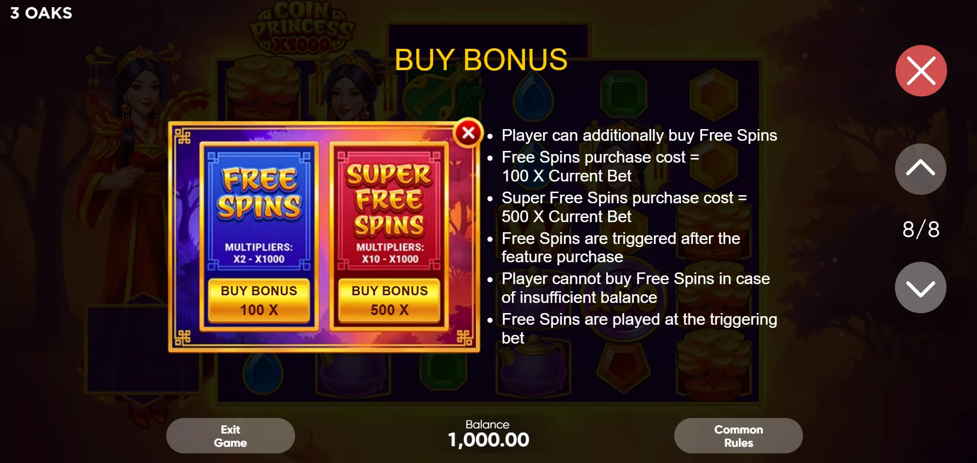 BUY BONUS page: Free Spins at 100x bet (multipliers x2-x1000) and Super Free Spins at 500x bet (multipliers x10-x1000)