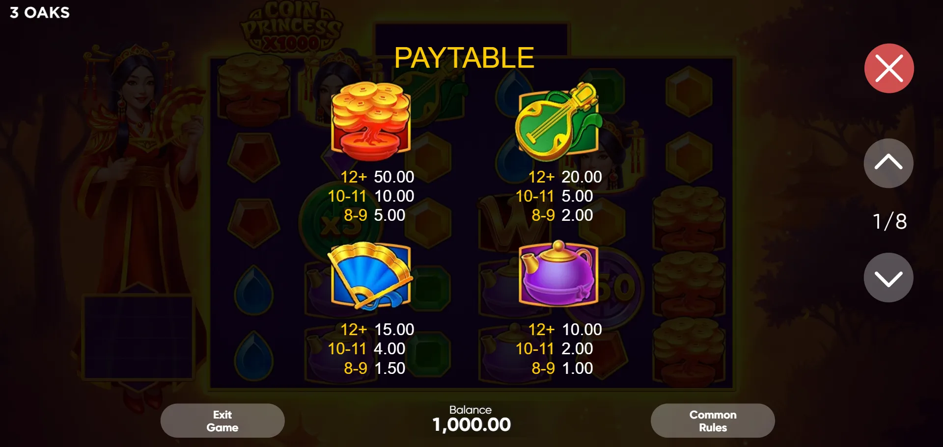 PAYTABLE page 1 showing Gold Coins 50.00 for 12+, Pipa 20.00, Fan 15.00, Teapot 10.00 at bet 1.00